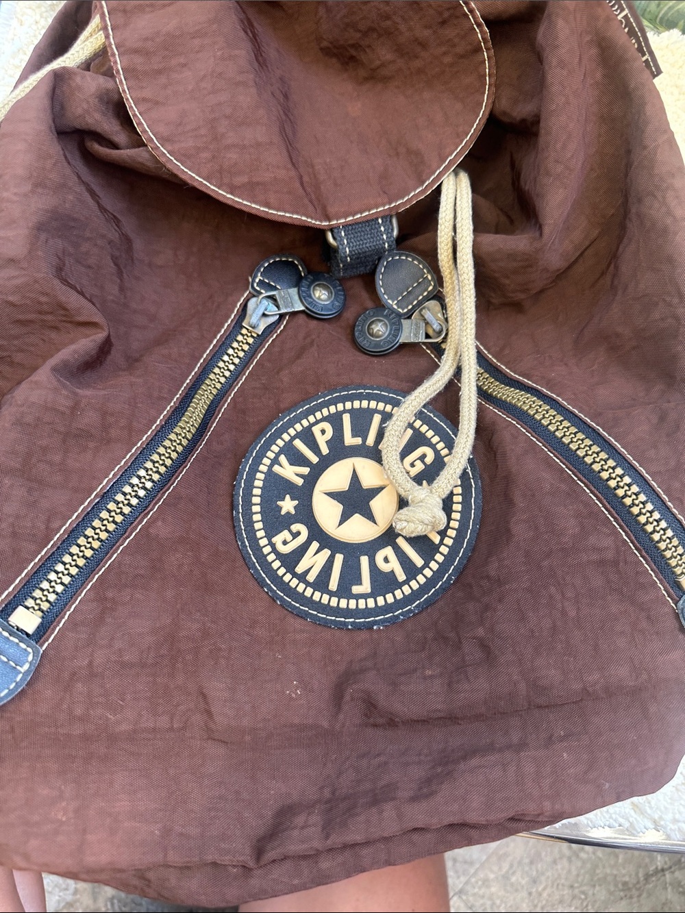 Kipling medium Brown Drawstring Backpack with Front Patch - Picture 2 of 10